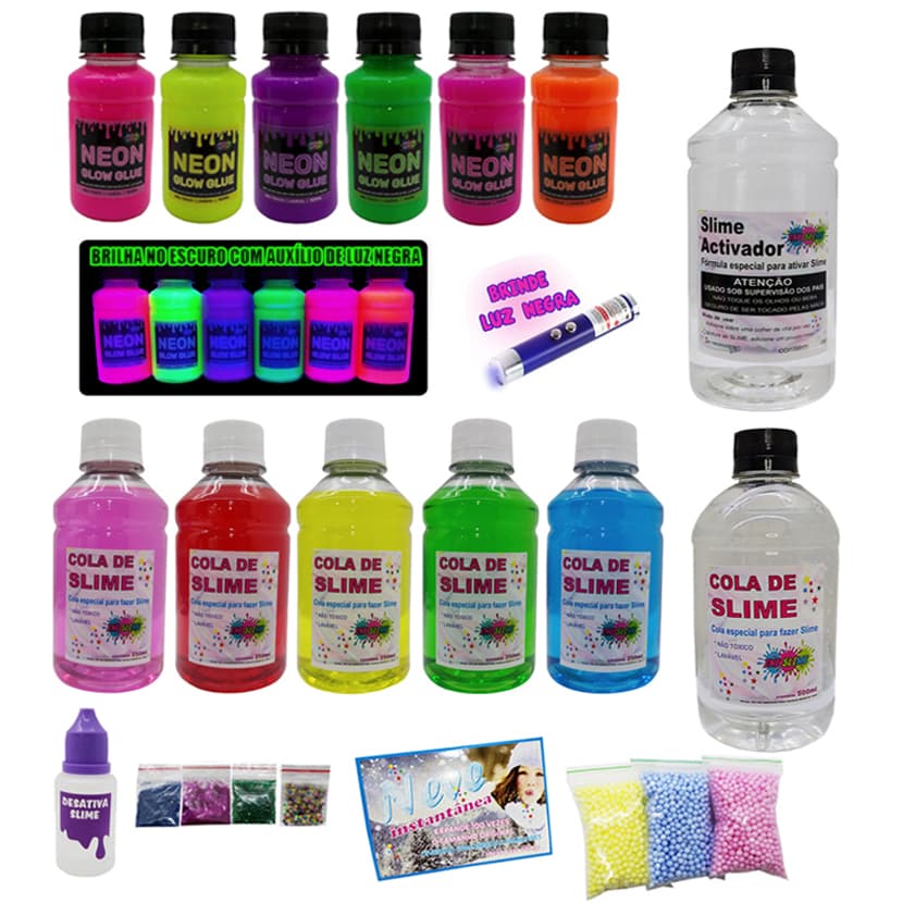 Kit Slime Especial Colas Clear e Colas Neon + Luz Negra Ine Slime