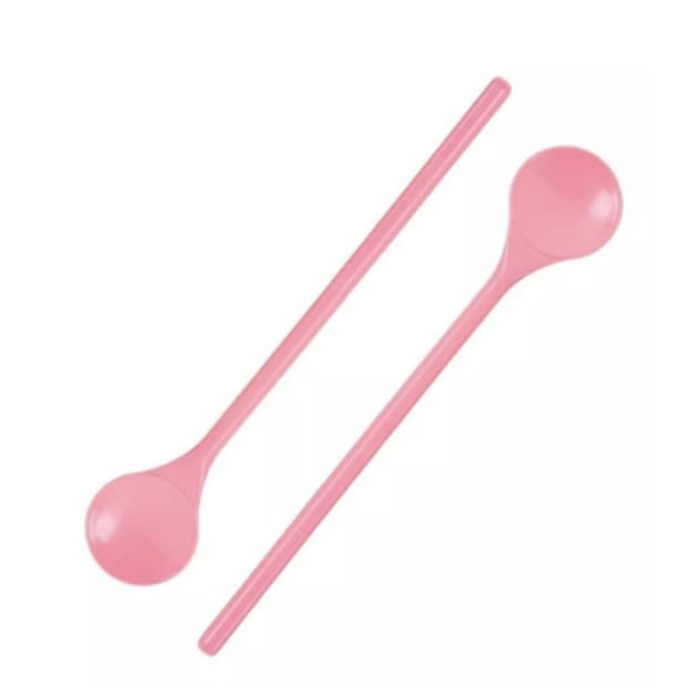Kit Colher Rosa Com Cabo Longo Para Mexer Suco Drink 29cm