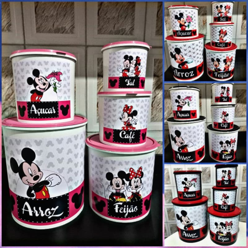 kit potes mantimentos Mickey plástico arroz feijão café açúcar e sal