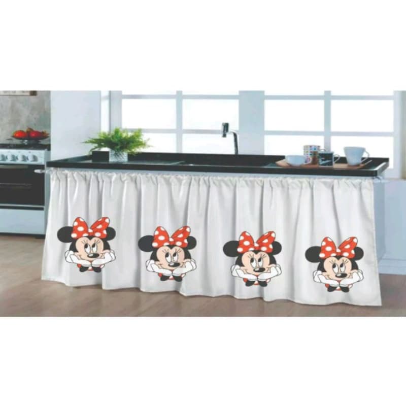 CORTINA PARA DECORAÇÃO DE PIA DE COZINHA BRANCA MINNIE 001 sem ilhós 1,40x0,80
