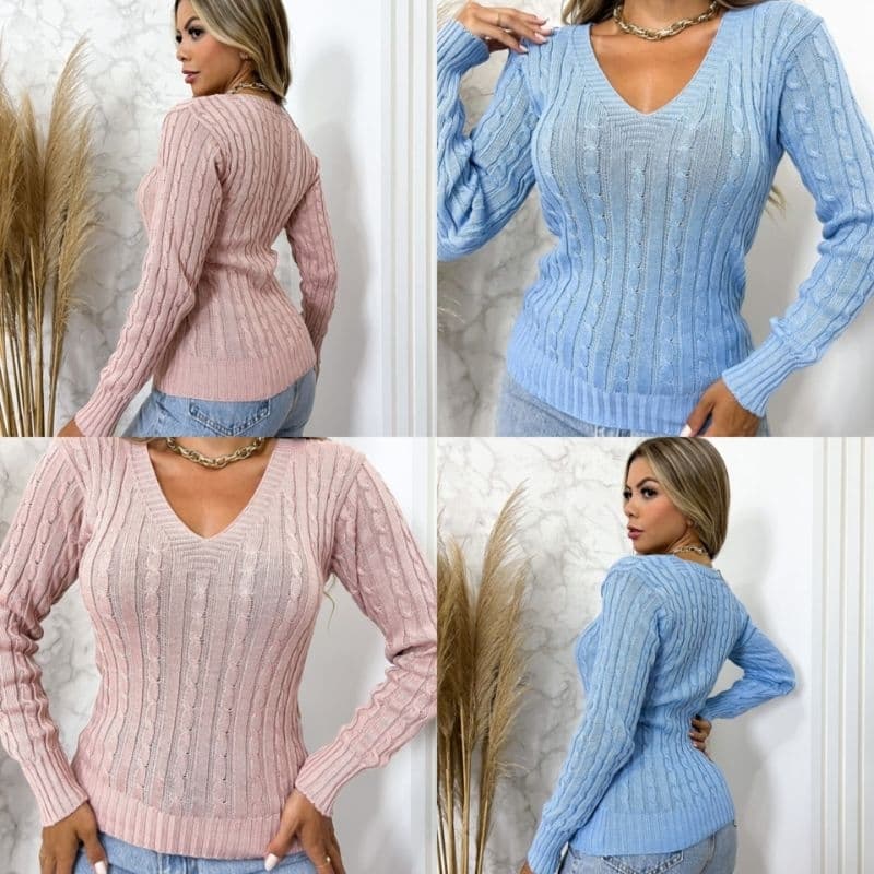 kit Com 2 Blusas Sueter Tricot  Feminina  Decote V Trançada/ Blusa de frio  tricô