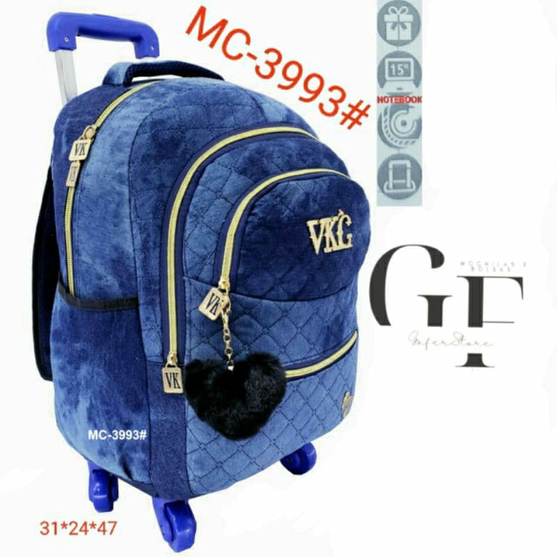 Mochila Rodinha Juvenil jeans Feminino Escolar Com Chaveiro MC3993