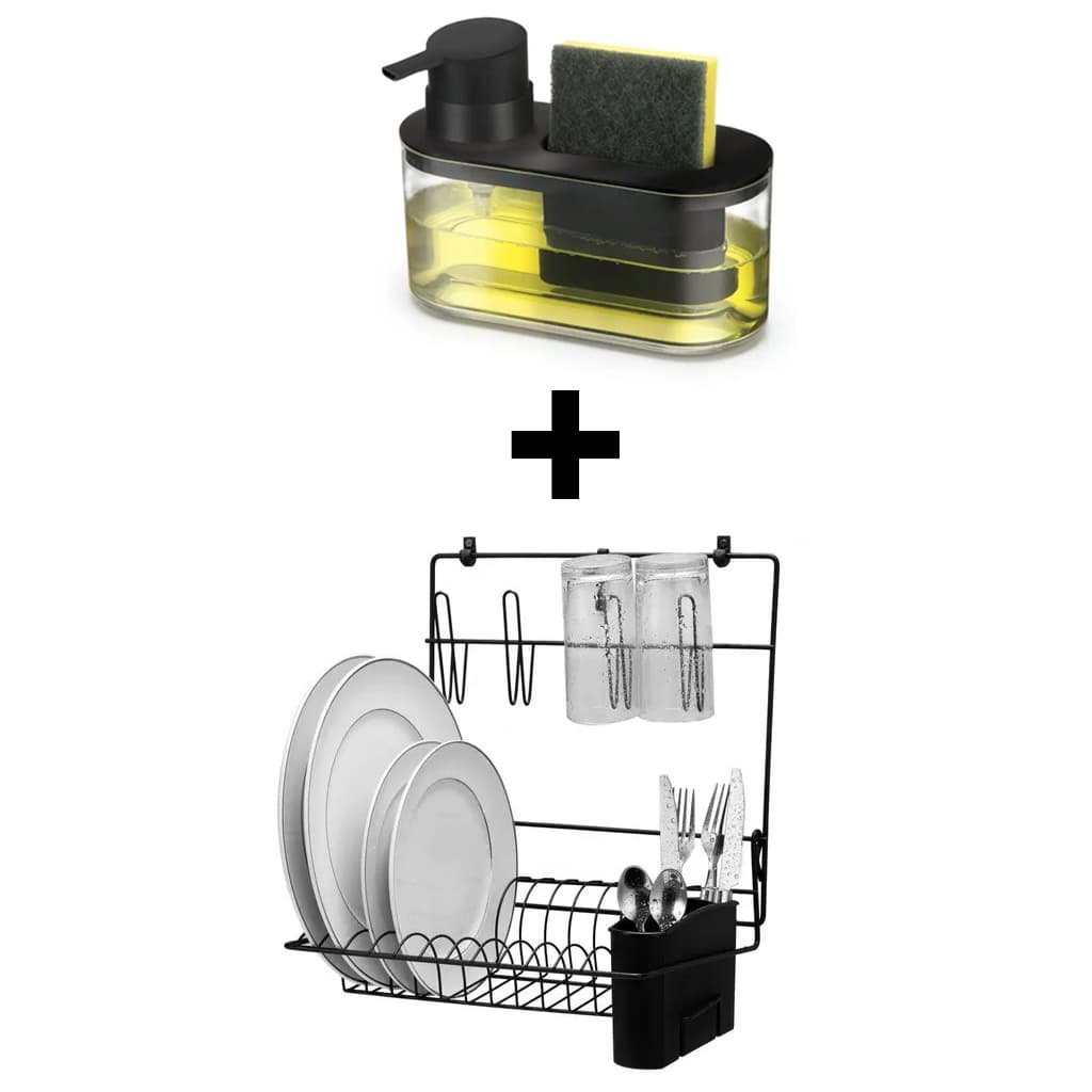 KIT Escorredor De Louça Cozinha Prato Duplo Porta Talheres + Dispenser Porta Detergente E Bucha Preto