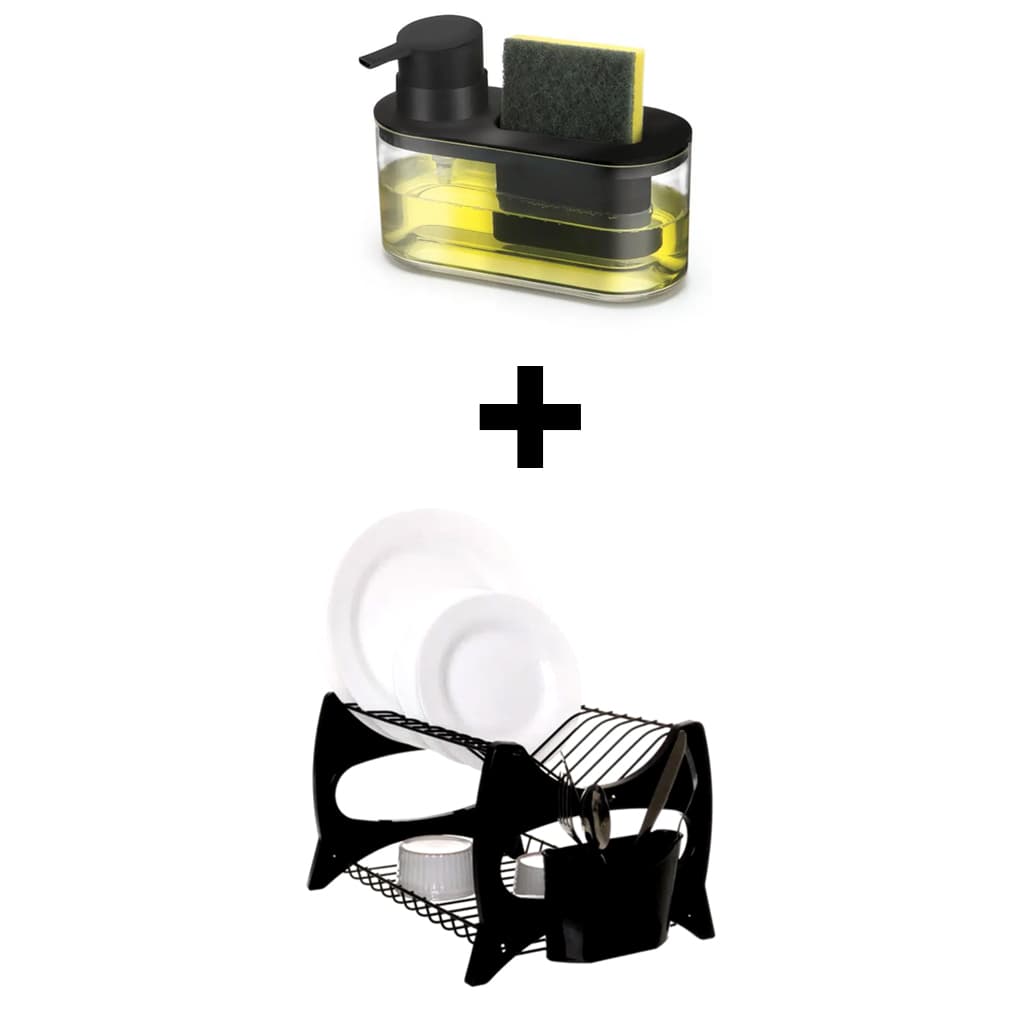KIT Escorredor De Louça Cozinha Prato Duplo Porta Talheres Preto + Dispenser Porta Detergente E Bucha Preto