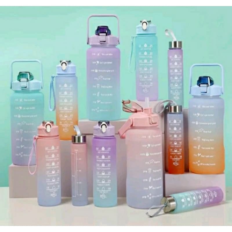 Kit 3 Garrafas Squeeze Degradê 2 Litros, 900ml e 300ml Fases Motivadoras com Adesivos 2D e 3D Academia Escola Treino Antivazamento