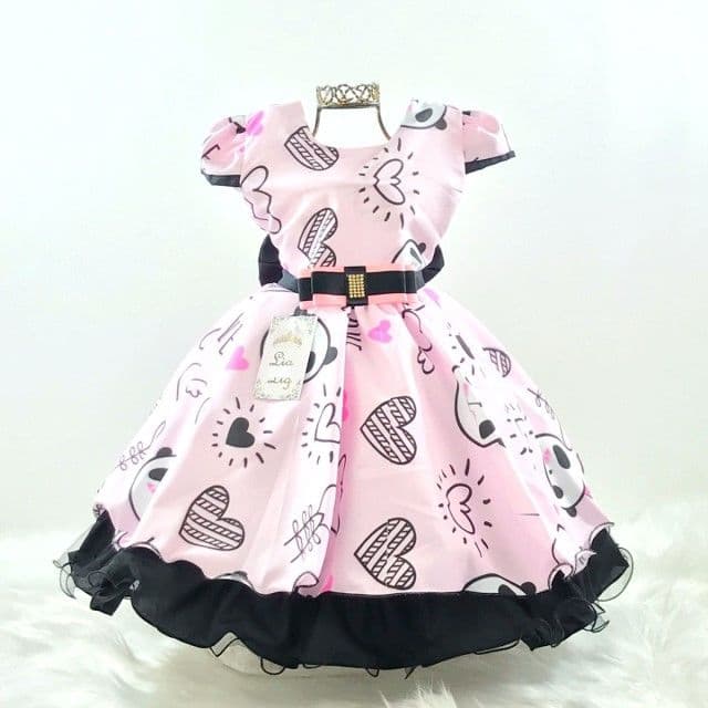 Vestido Infantil de Festa Princesa Estampa Panda Pandinha Rosa