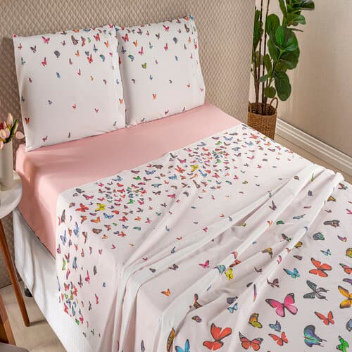 Jogo de Lençol Cama Queen Borboleta Rosa ou Azul 4 Peças Algodao