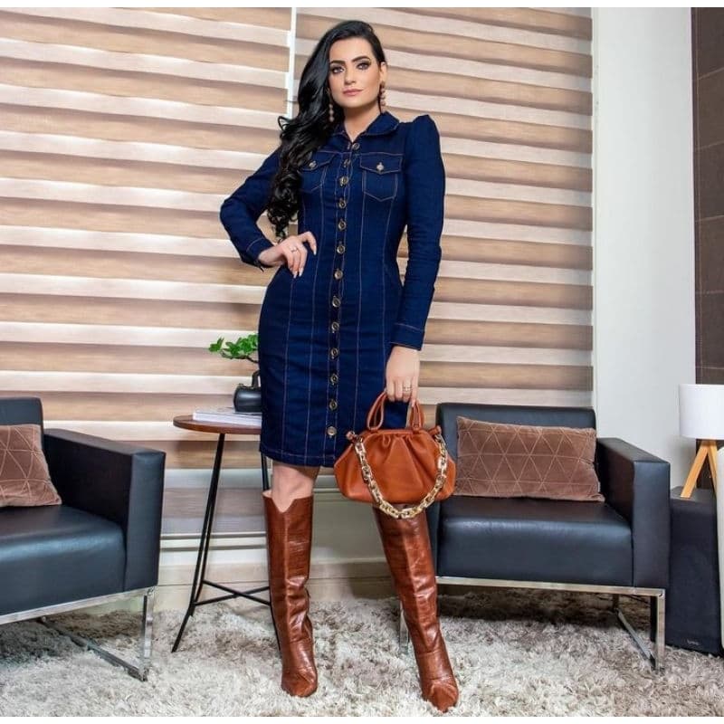 Vestido Jeans Fabiana Chemise Jeans Botões Funcionais Moda Evangélica