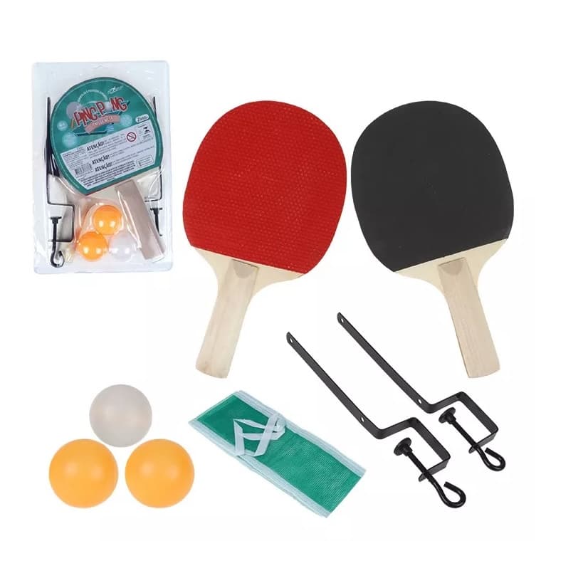 (KIT PING PONG TENIS DE MESA COM 2 RAQUETES 3 BOLINHAS  1 REDE 2 SUPORTES DA REDE)PRESENTE