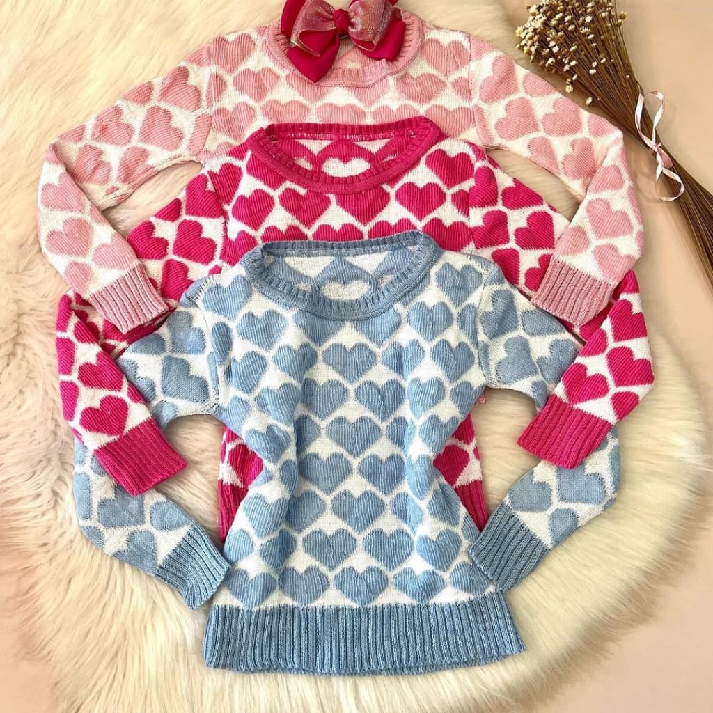 Blusa Suéter Tricozinho Infantil Feminino Coração Outono Inverno