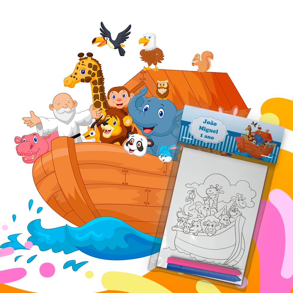 Kit Colorir Giz De Cera Lembrancinha Festa Infantil Personalizado Escolha Tema Arca De Noé