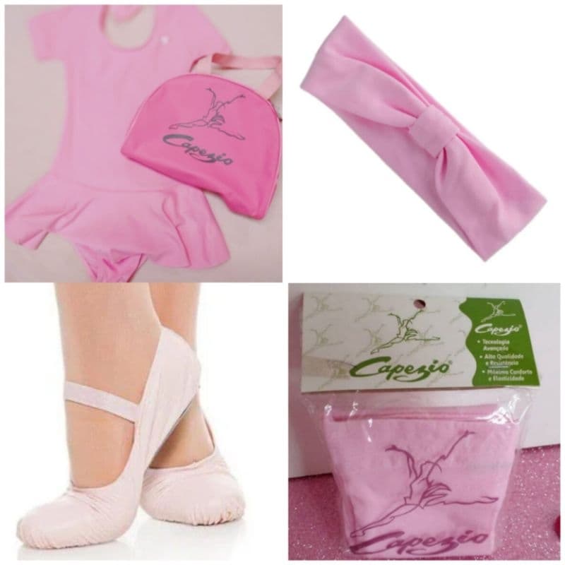 KIT BALLET-.Collant Meia Manga com Saia,+ Sapatilha korino, + Meia + Bolsa+ Rede+ Faixa  (Capézio, Stelariss)
