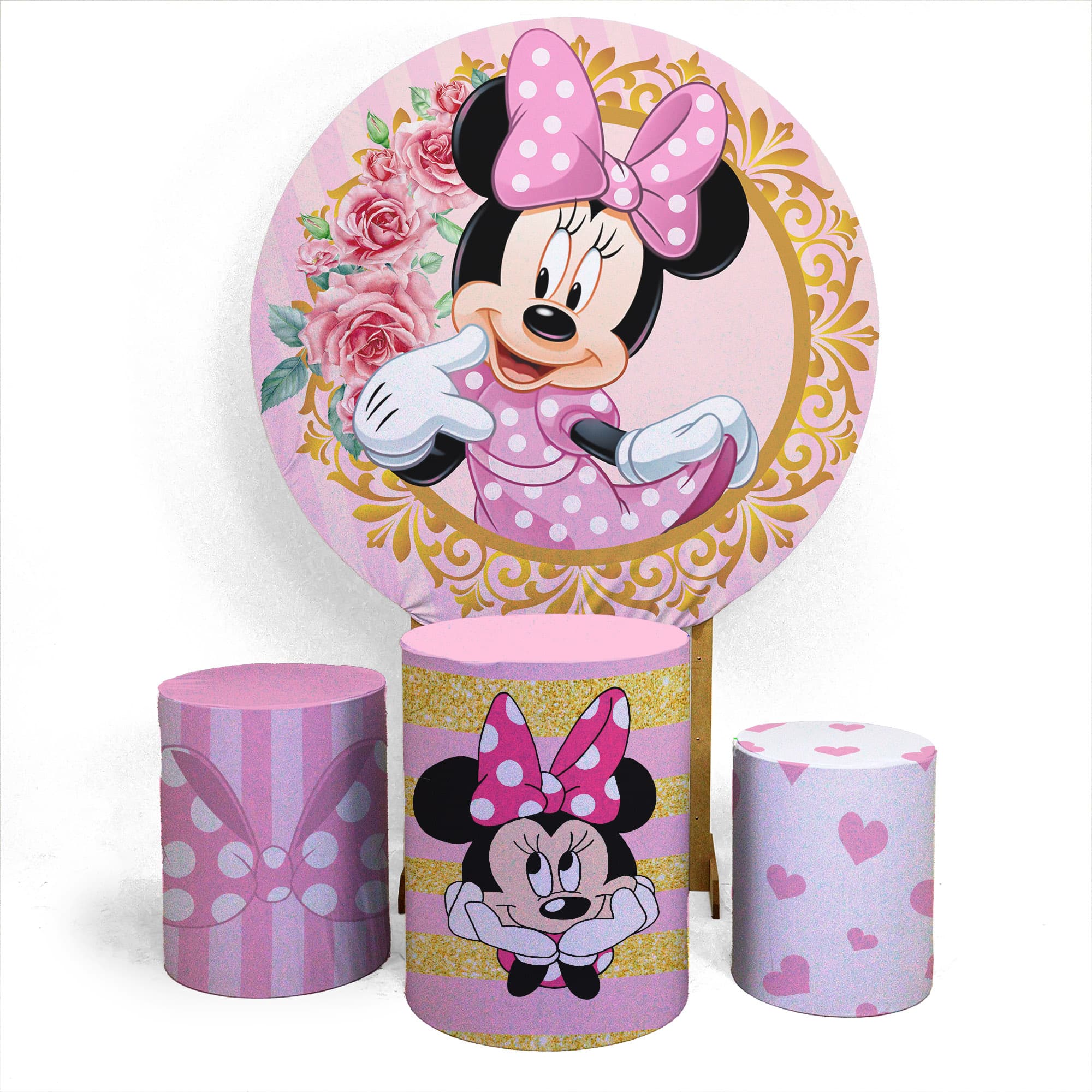 Kit Capa Painel 1,5 x 1,5 Trio Capa Cilindro Aniversário Veste Fácil Tema Mnie Rosa