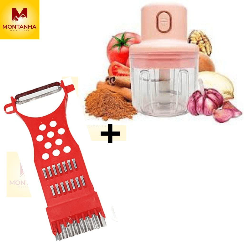 Ralador Fatiador Frutas e Legumes 5 em 1 + Mini Processador Triturador Sem Fio Elétrico 250ML