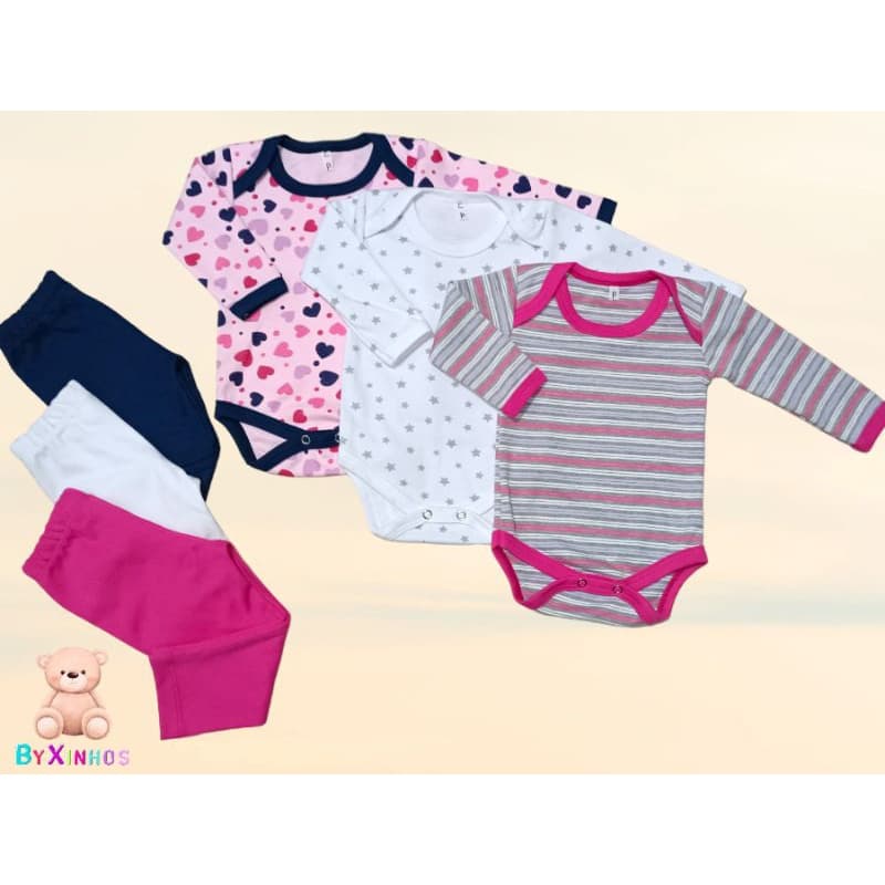 Kit body bebê com 3 conjuntos e 6 peças