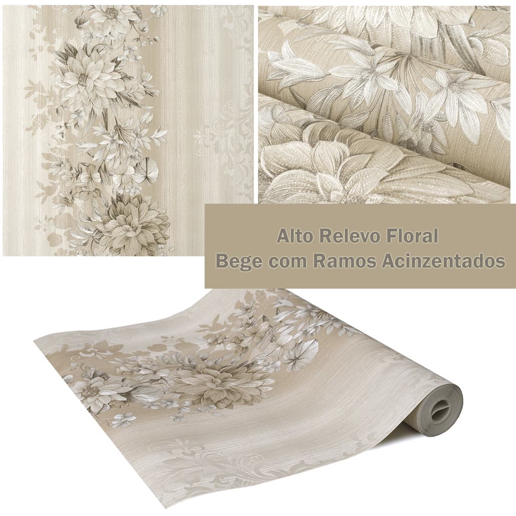 Papel de Parede Importado Floral Bege - Rolo 10 metros de comprimento (+-3%) x 53cm + Cola - Modelo 9003-5