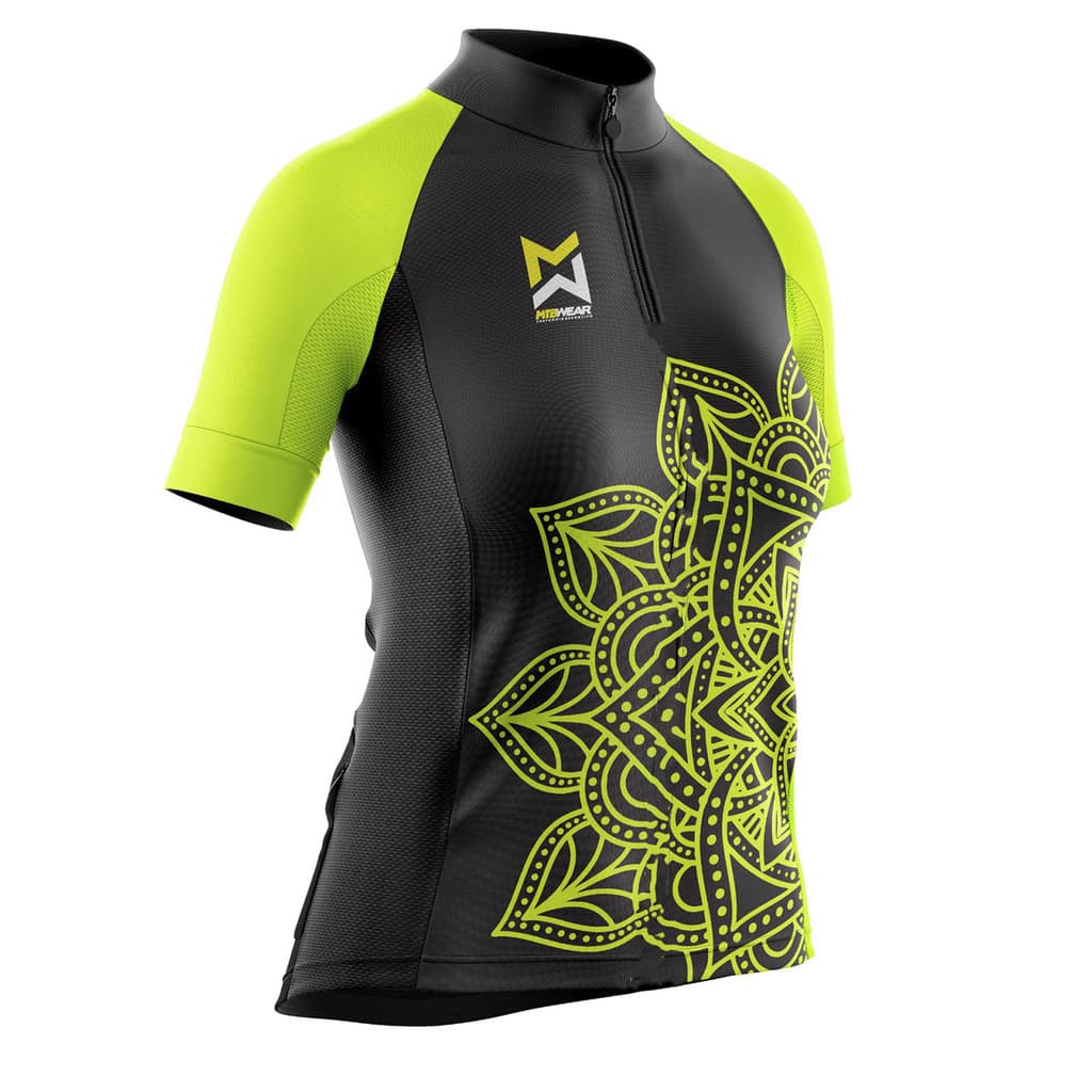 Camisa Ciclismo Mtb Feminina e Infantil Mandala Preta/Amarelo Fluor