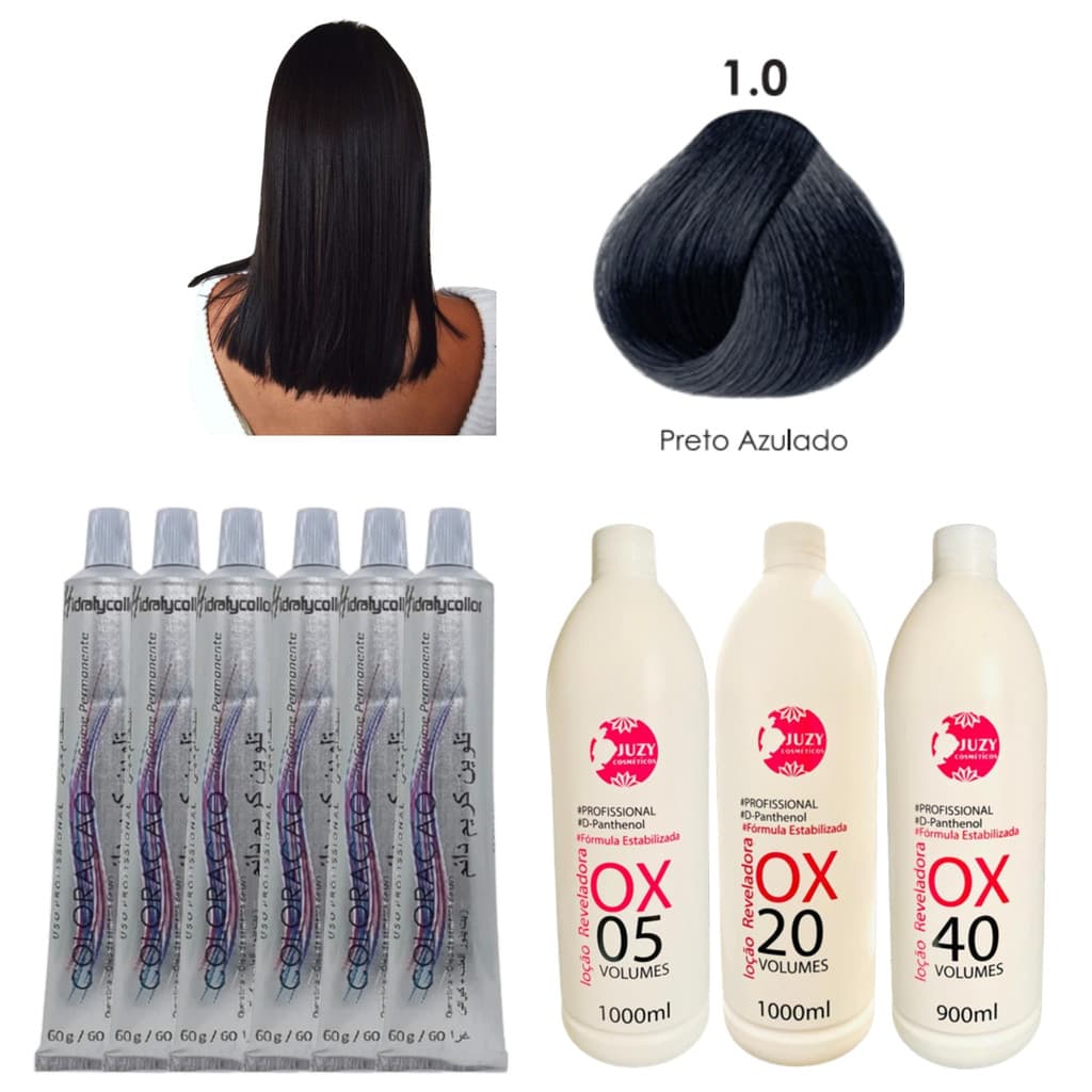 Kit 6 Coloração Cabelos Pretos HidratyLife 60g + Ox 900ml Juzy