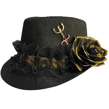 Chapéu para Pomba Gira Preto com Renda Preta Flor Preta e Dourada Umbanda Candomblé
