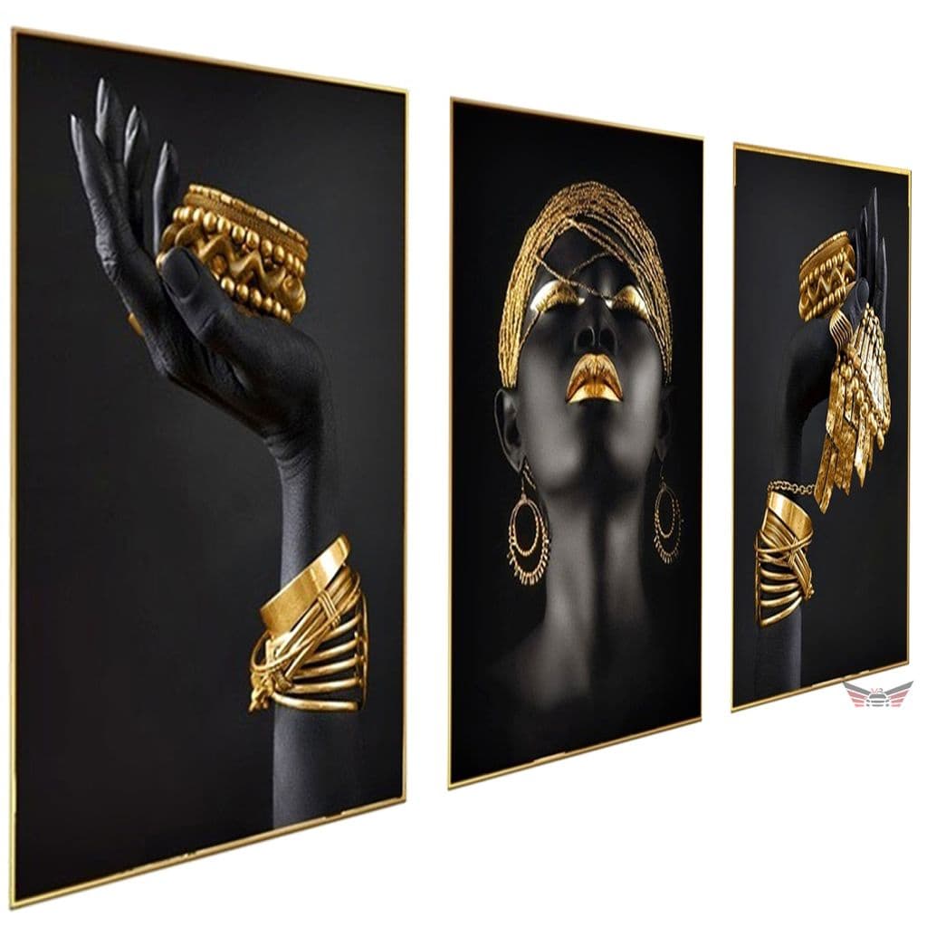 Kit Quadros Decorativo 3 peças 60x40 Mosaico MDF Mulher africana jóias Ouro arte Dourado Decoração