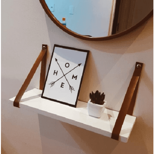 Kit 1 Prateleira MDF Branco Vários Tamanhos 40cm à 100cm  com Suportes Em  Alças em Couro Sintético
