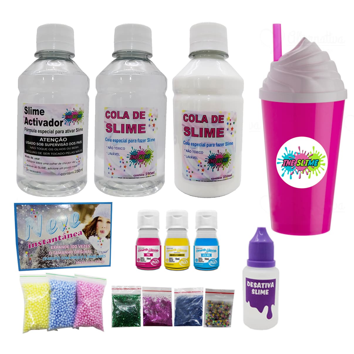 Mini Kit Slime Completo Cola Branca Cola Transparente Clear Ine Slime