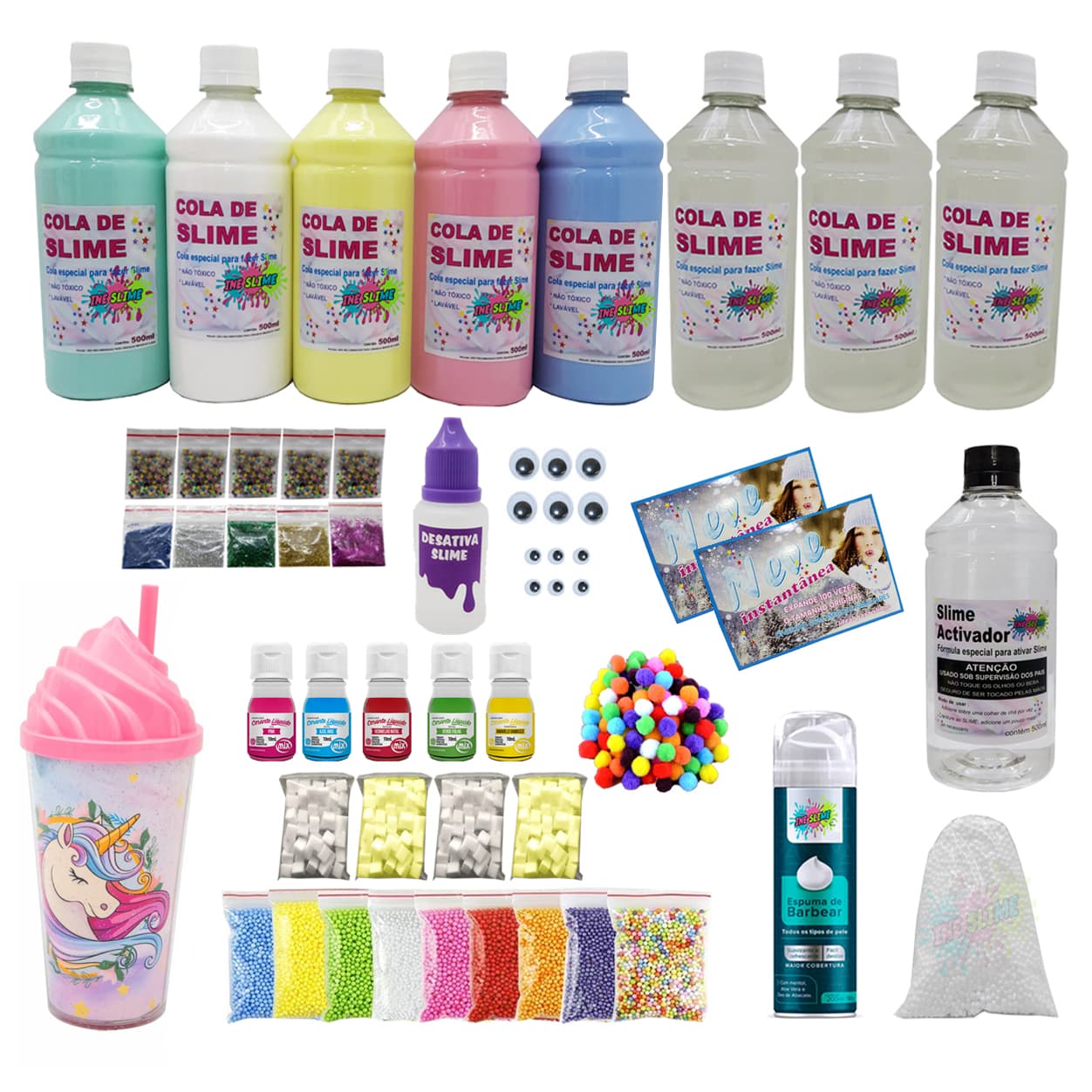 Super Kit Slime - Cola Branca + Transparente Clear + Espuma - Kit Grande Ine Slime