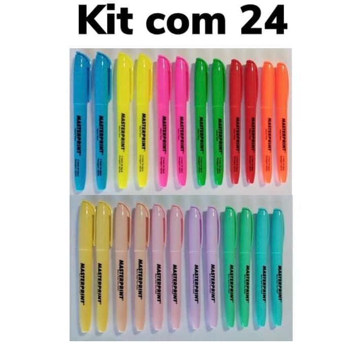Kit 24 Caneta Marca Texto Masterprint 12 fluorescente e 12 tom pastel