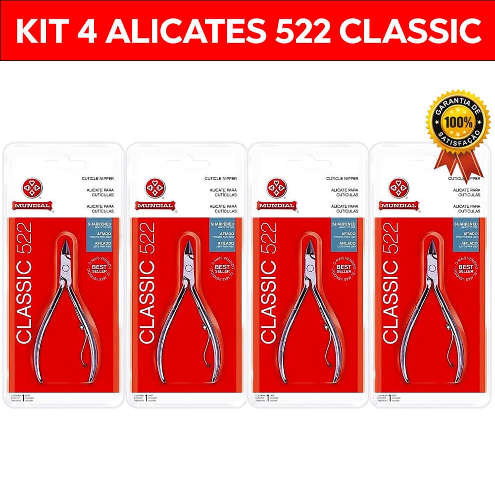 Kit 4 Alicate Unha Cutícula 522 Mundial Classic para Manicure