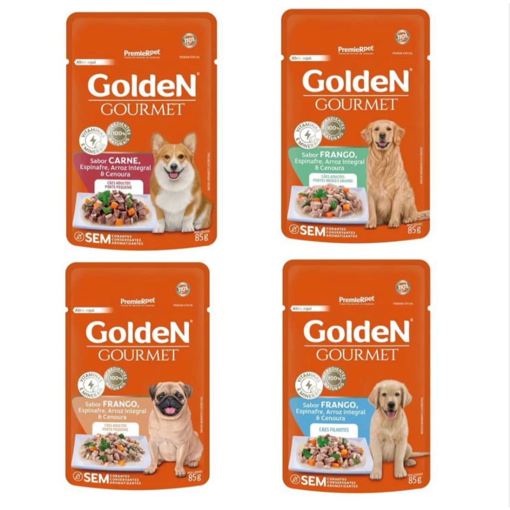 Caixa 20 unid Sachê Golden Gourmet Cães Adultos Raças Pequenas e grandes 85g cada sachê