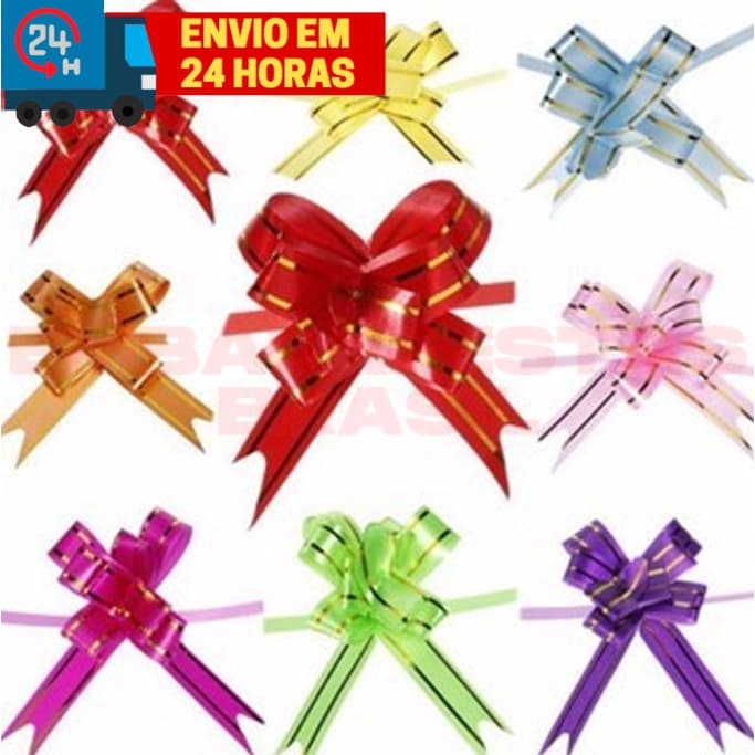 Kit 50 Laço Mágico Fácil Fita 12mm com Filete Dourado para Natal