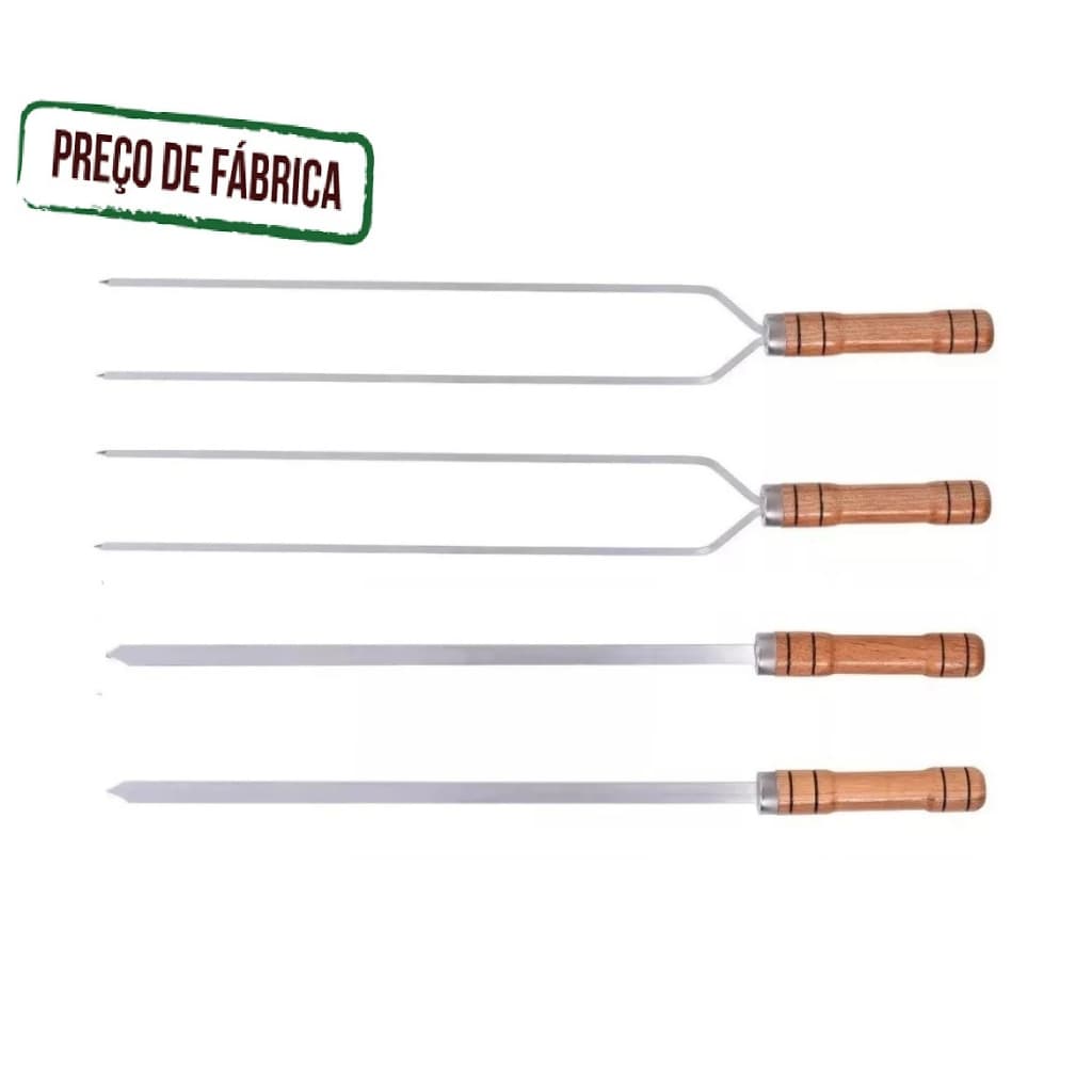 Kit 4 Espetos Alumínio Churrasqueira Churrasco Cabo Madeira