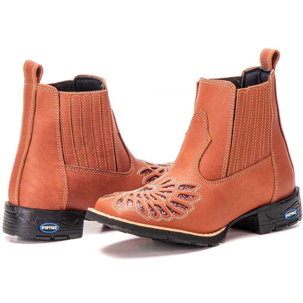 Bota Botina Feminina Cano Curto Bordado Laser Country De Couro