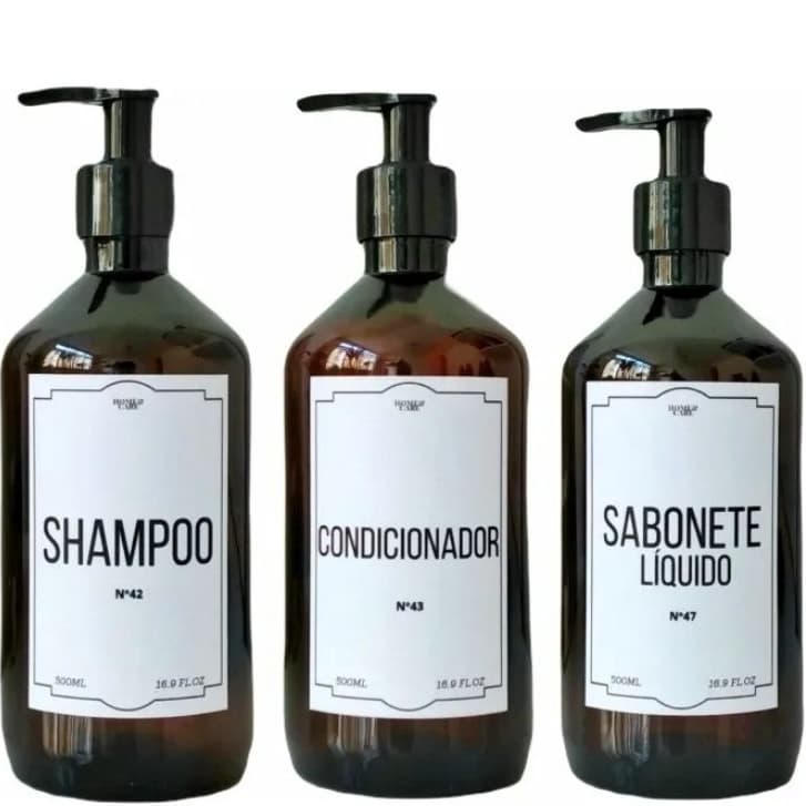 KIT 3 Frasco Ambar Banho Shampoo Sabonete Líquido e Condicionador Refil com Válvula Decoração Minimalista