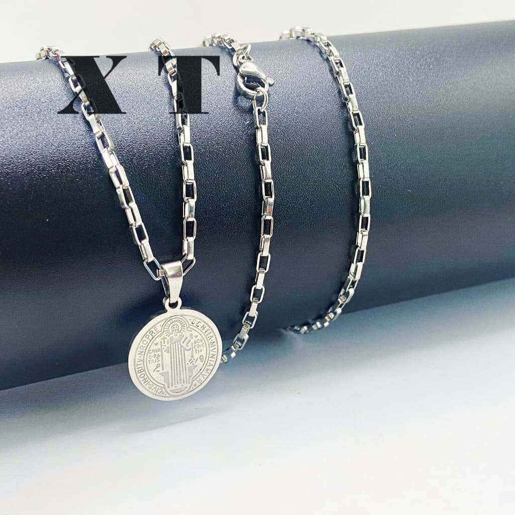 Corrente Masculina Cordão + São Bento de Luxo Tipo Tijolinho Colar Fina Prata com pingente Em Aço Inox Não Escurece