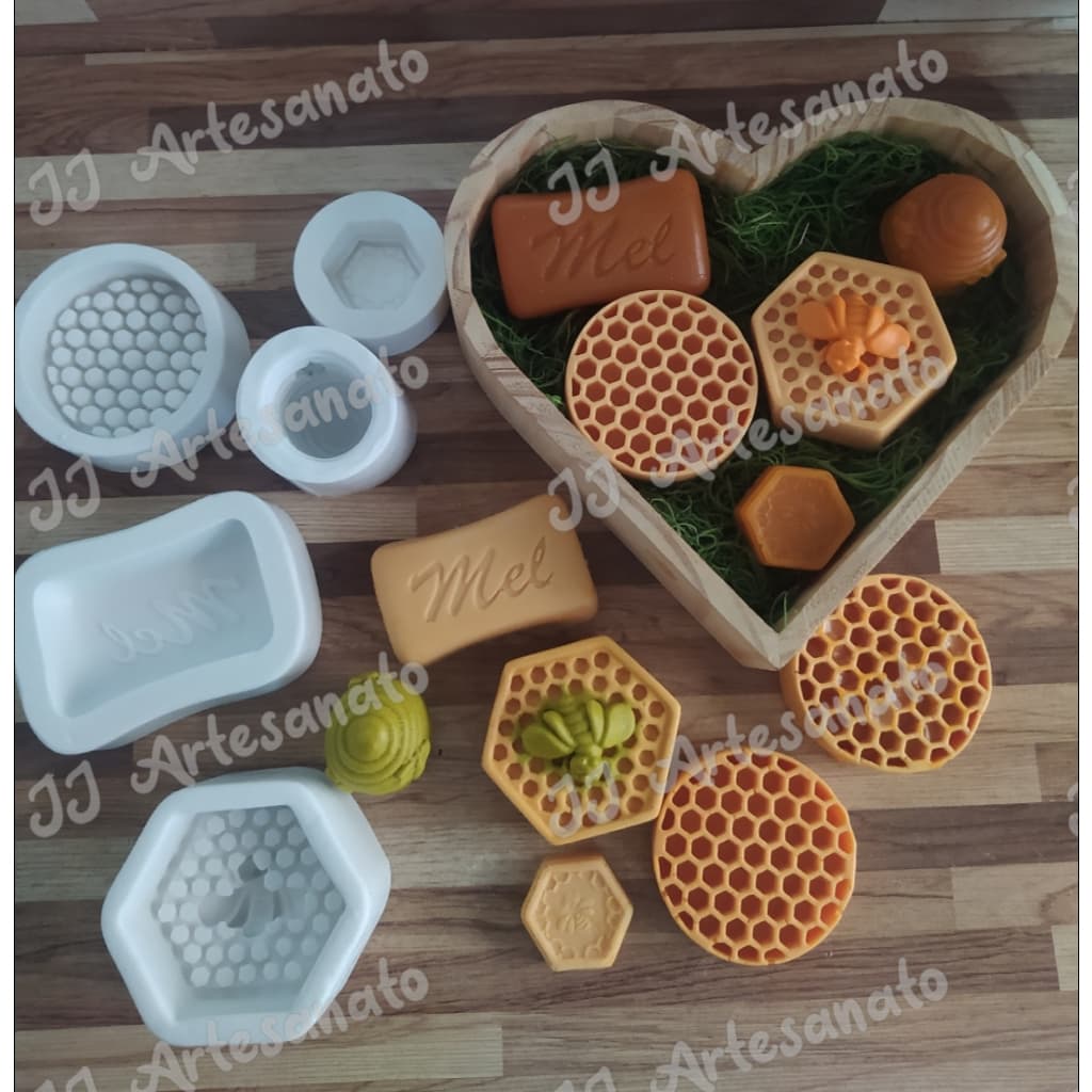 Kit Com 5 Formas Moldes De Silicone Mel Abelha Favo Colméia Para Sabonetes