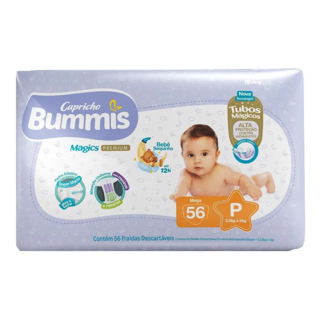 Fralda Capricho Bummis Magics Premium Mega Tamanho P - 56 Un - Tubos Mágicos