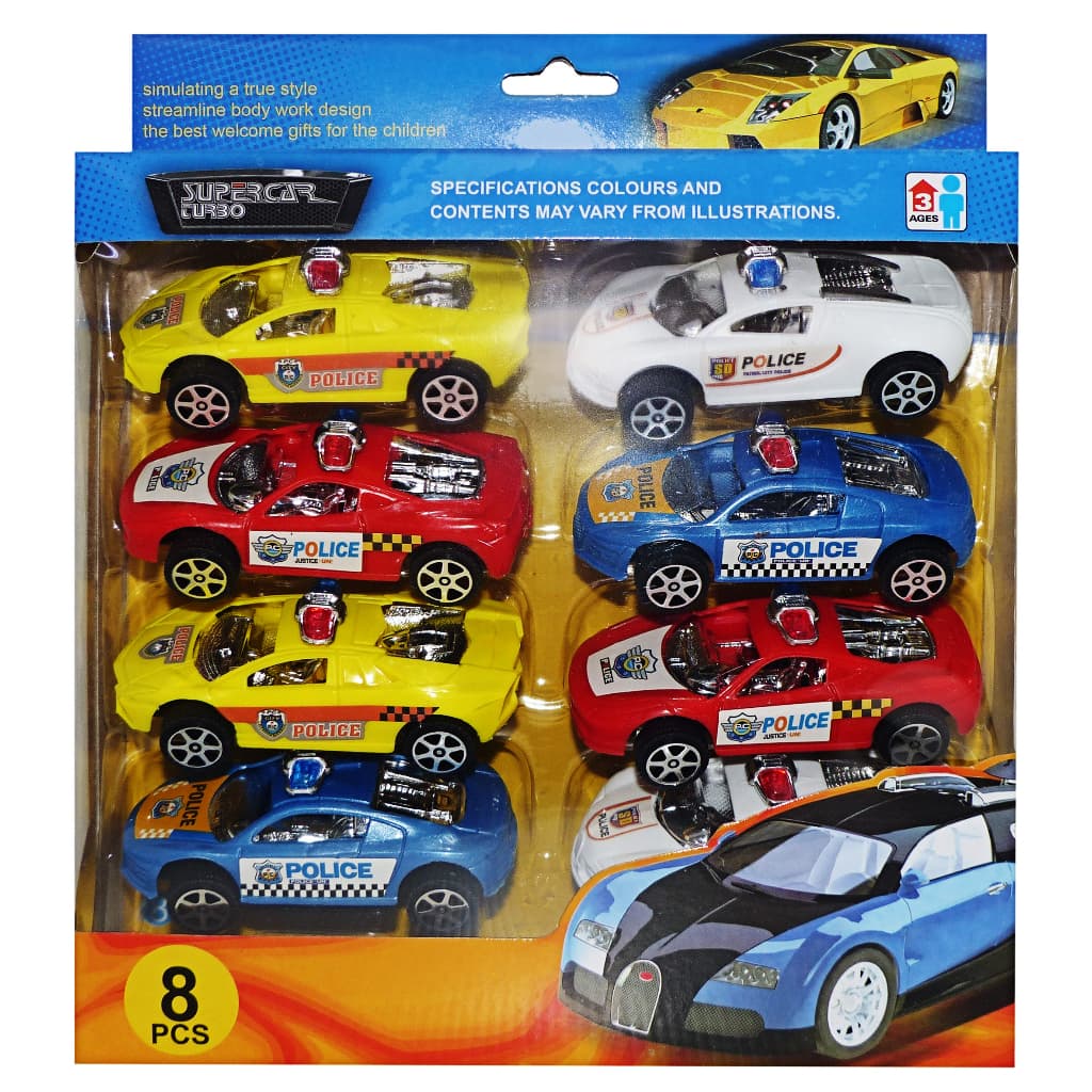 Kit De 8 Mini Carro Carrinhos Policial de Plástico Coloridos à Fricção Supercar Infantil - HM TOYS