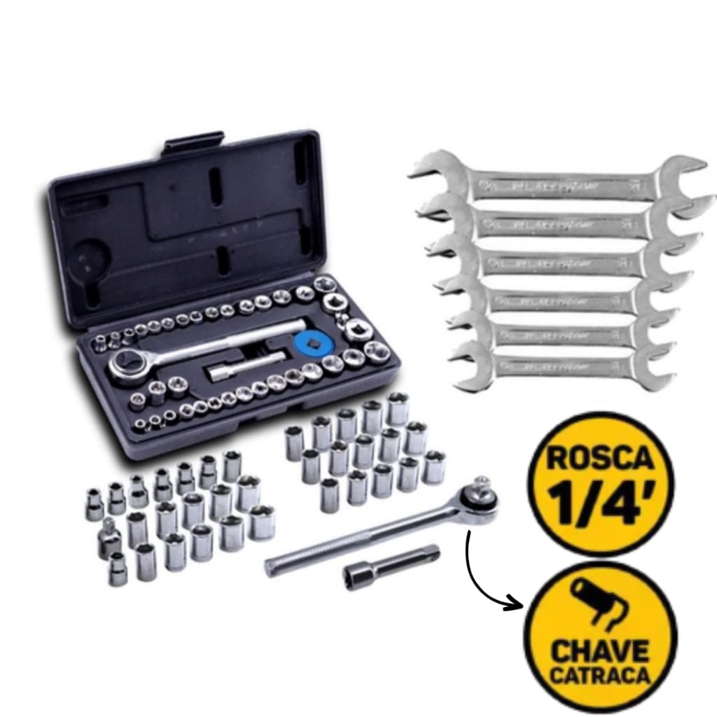 Kit De Ferramentas Com 46 Peças: Jogo Soquete Sextavado Com Catraca 40 Peças+Jogo Chave Fixa 6 Peças