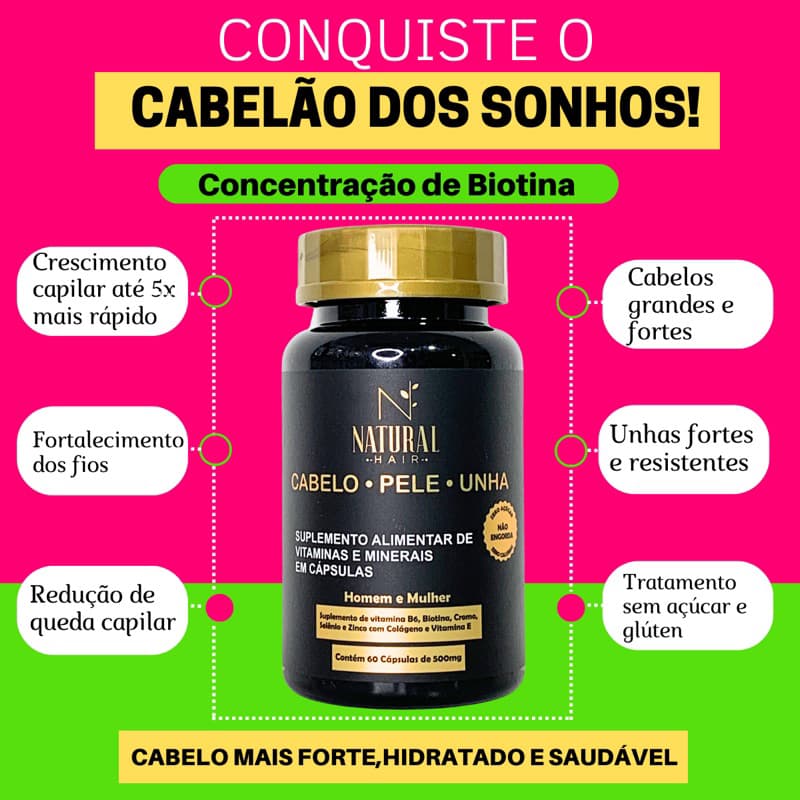Vitamina para Cabelo, Pele e Unha crescimento capilar e combate a queda Natural Hair caps c/60cps
