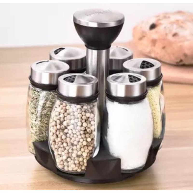 Kit Porta Temperos 6 Peças Com Suporte Giratório Sal Pimenta Condimentos Completo