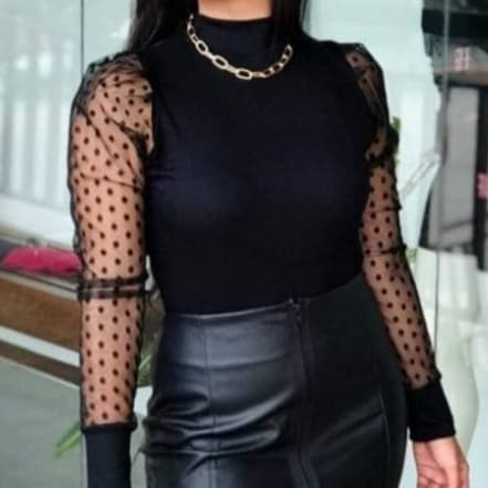 Blusa gola alta manga longa tule poa feminina casual