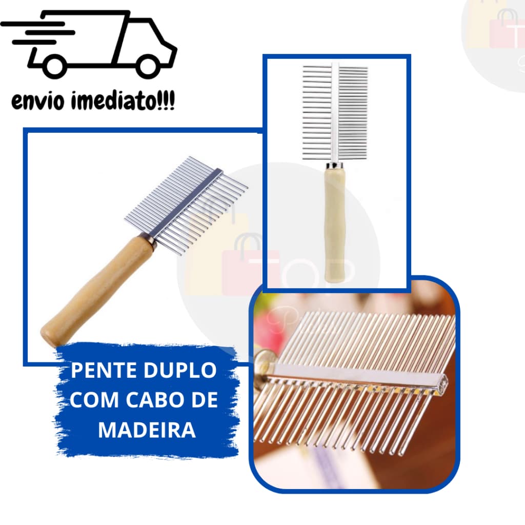 Pente Duplo Com Cabo Madeira Para Pet Cães E Gatos Para Uso Profissional E Doméstico Banho E Tosa