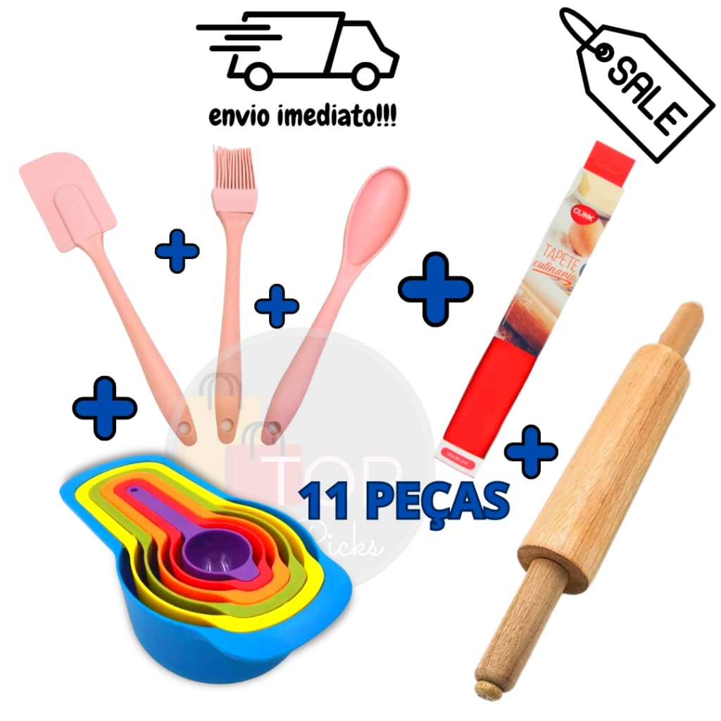 Kit Confeiteiro de Qualidade Profissional: Colher Espátula, Pincel, Rolo de Massa, Tapete Culinário + Jogo de 6 Colheres Medidoras - Tudo que Você Precisa para Suas Delícias