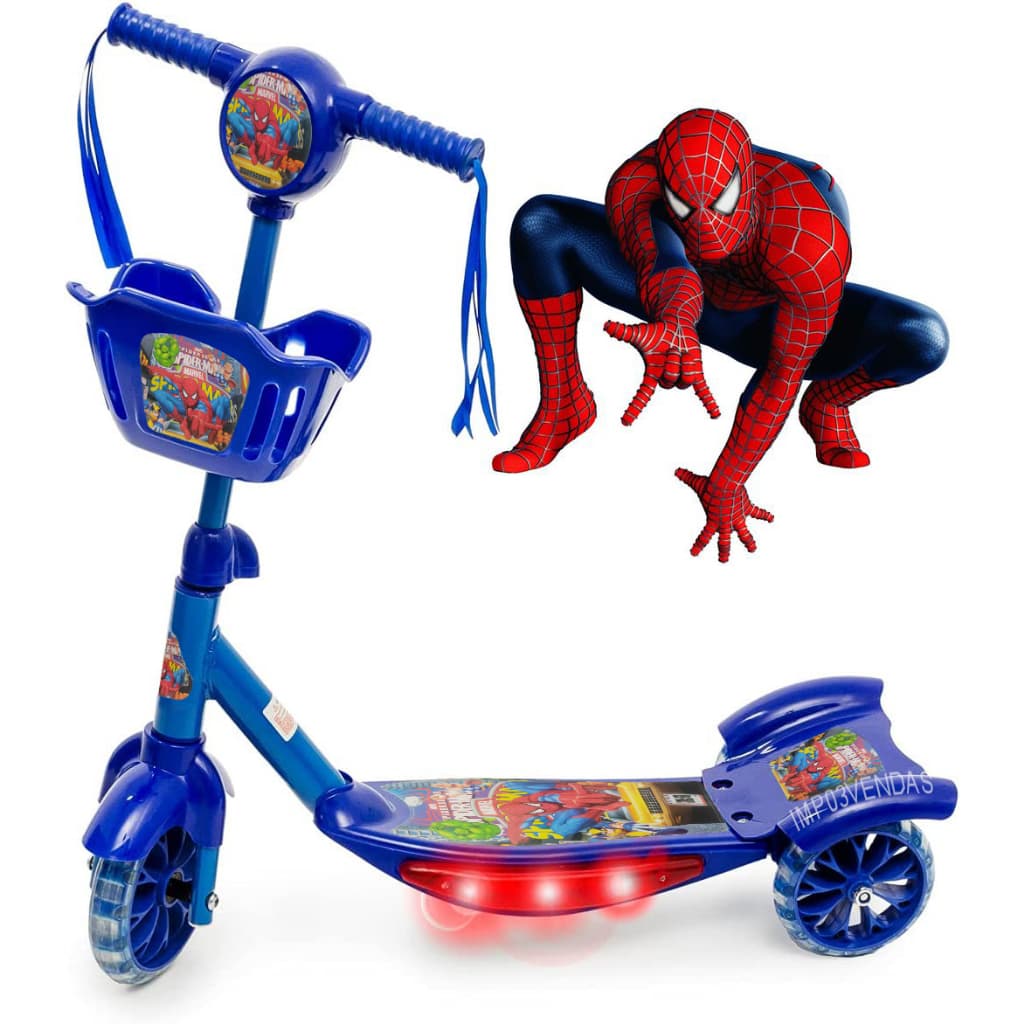 Patinete 3 Rodas Infantil Homem Aranha Cesta Luz Musica Diversão da Criança Bonito