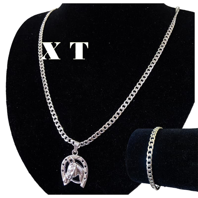 Kit Corrente e Pulseira Cordão Banhado Prata 925 de 60cm Com Pingente de cabeça de cavalo