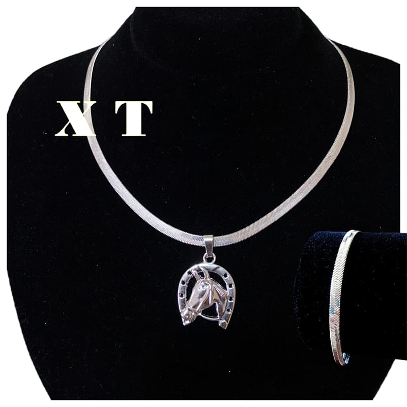 Kit Feminino cabeça de cavalo Colar E Pulseira Laminada Banhado A Prata 925
