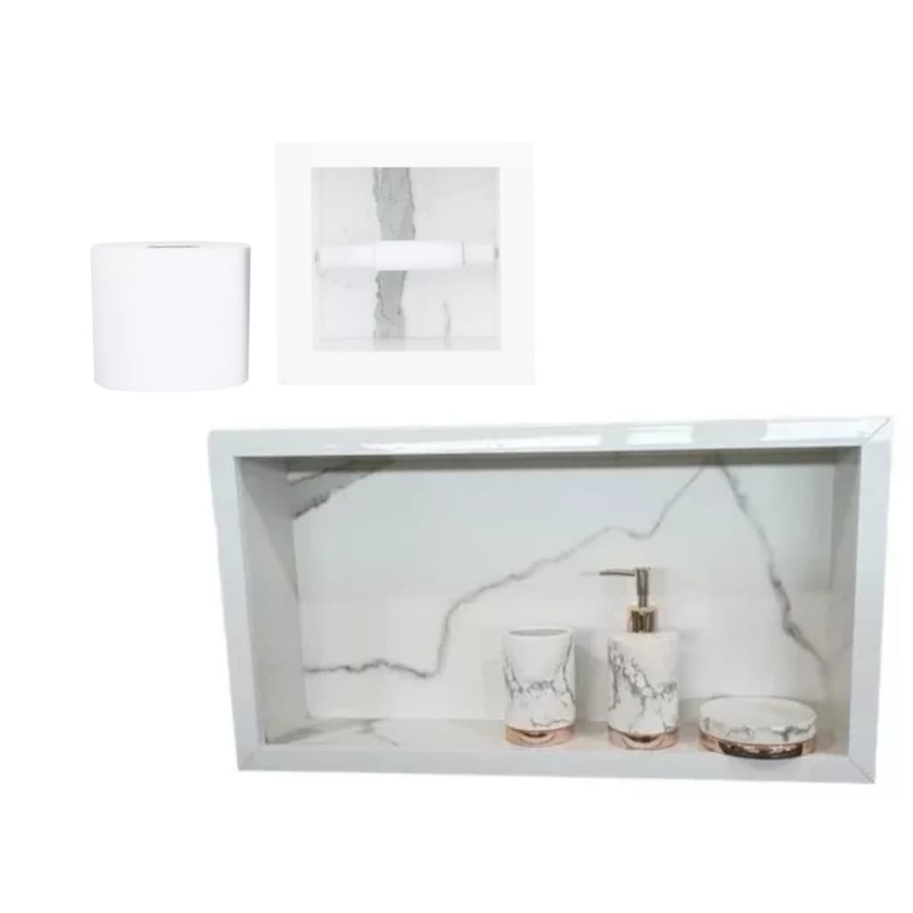 Kit Nicho de Porcelanato e Porta Papel Higiênico de Embutir Calacata