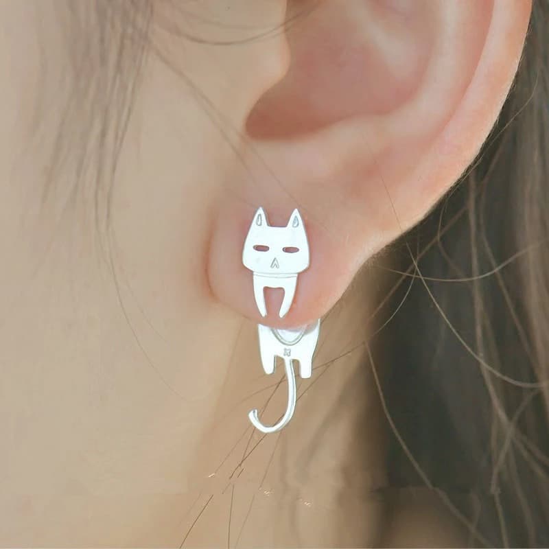 Presente Brincos Em Prata 925 Esterlina - Gato e Peixe - HANDORA