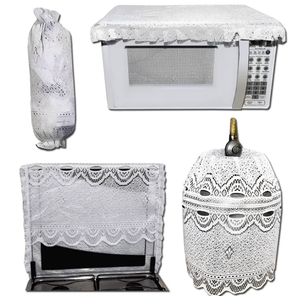 Jogo de Cozinha 4 Peças Capa de Botijão , Capa de Fogão , Cobre Micro-ondas e Puxa Sacolas de Renda